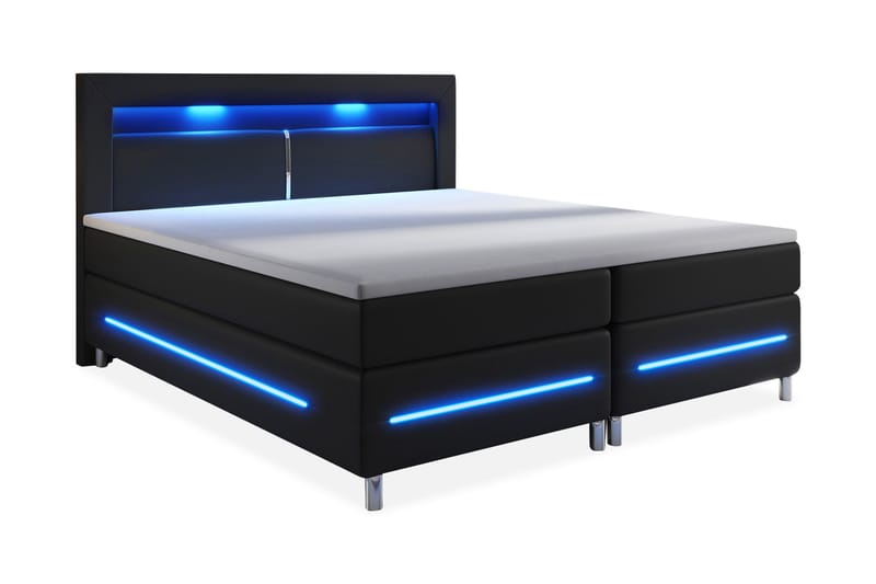 SIENNA LYX Sängpaket 180 LED Sänggavel Konstläder Svart - Komplett Sängpaket - Kontinentalsängar