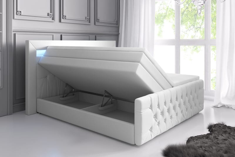 ELIO Lyx Sängpaket 140x200 LED-belysning Vit/Konstläder - Komplett Sängpaket - Sängar med förvaring
