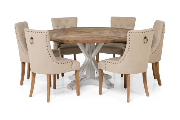 LIRE Matbord Ø150 Natur/Vit + 6 CARMINE Fåtölj Beige -   - Matgrupp & matbord med stolar