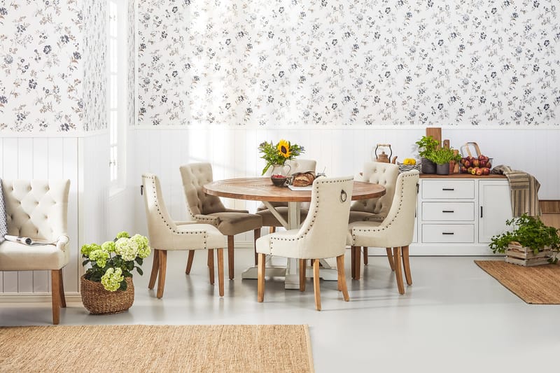 LIRE Matbord Ø150 Natur/Vit + 6 CARMINE Fåtölj Beige -   - Matgrupp & matbord med stolar