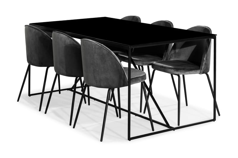 NIJOU Matbord + 6 SANDRO Stol Sammet Grå/Svart/Glas/Metall - Matgrupp & matbord med stolar