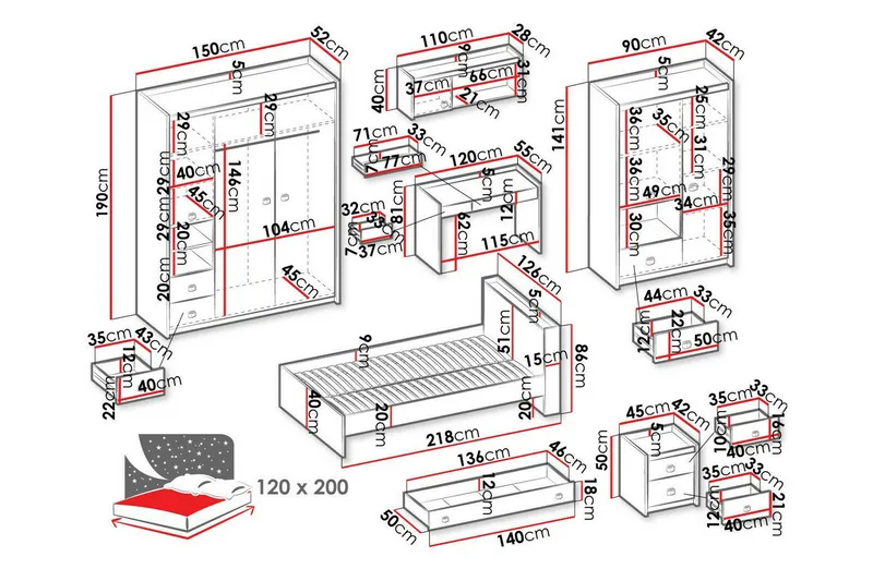 Rathmore Möbelset För Barnrum - Grå - Barn & bebis - Barnmöbler - Barnmöbelset - Sovrumsset barn