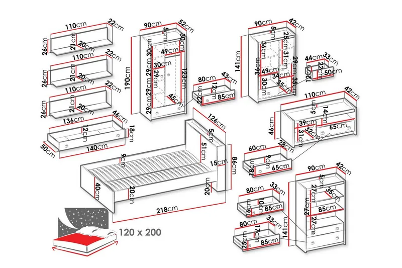 Rathmore Möbelset För Barnrum - Grå - Barn & bebis - Barnmöbler - Barnmöbelset - Sovrumsset barn