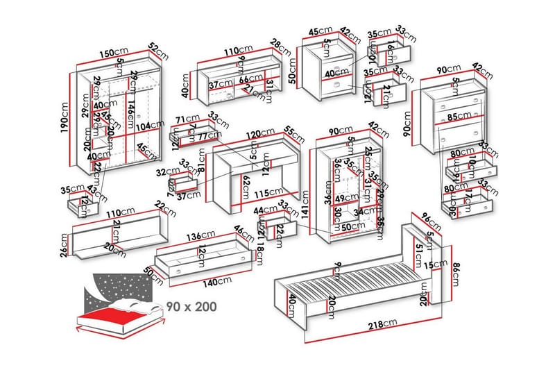 Rathmore Möbelset För Barnrum - Grå - Barn & bebis - Barnmöbler - Barnmöbelset - Sovrumsset barn