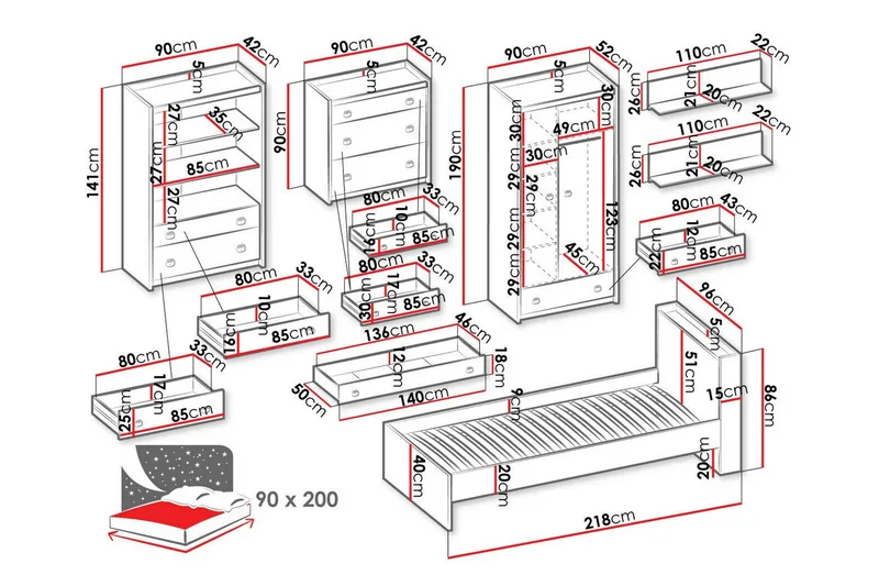 Rathmore Möbelset För Barnrum - Grå - Barn & bebis - Barnmöbler - Barnmöbelset - Sovrumsset barn