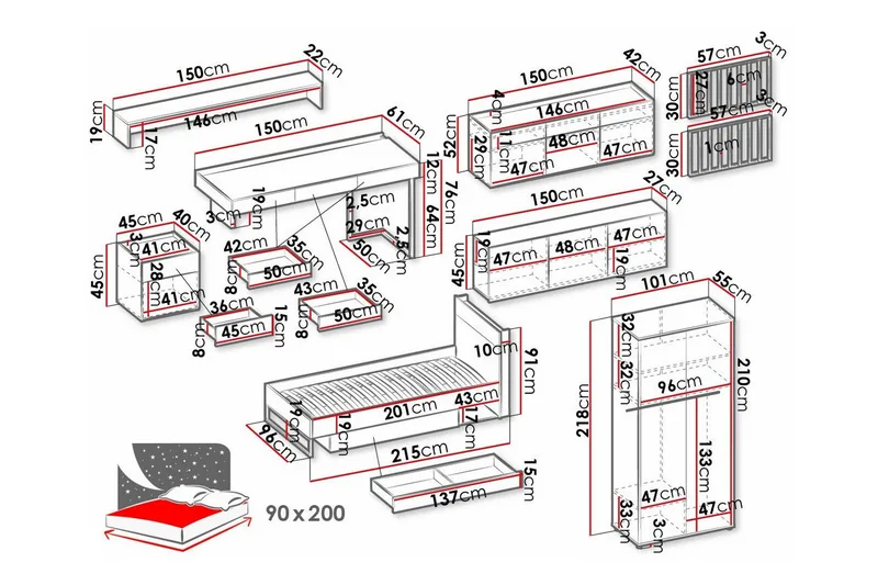 Rathmore Möbelset För Barnrum - Svart - Barn & bebis - Barnmöbler - Barnmöbelset - Sovrumsset barn