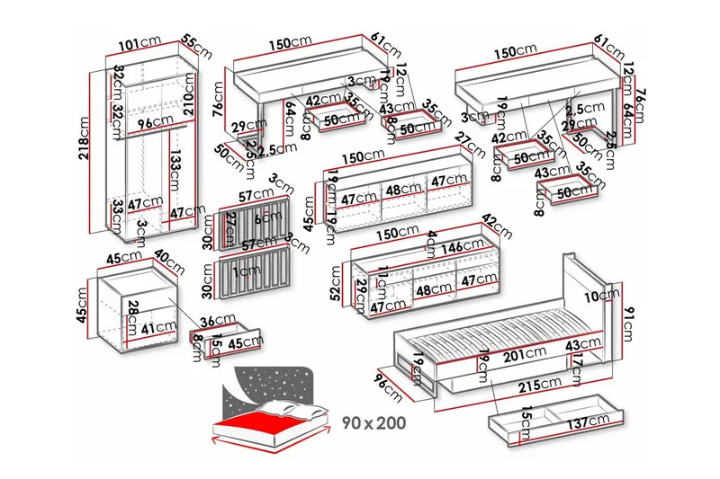 Rathmore Möbelset För Barnrum - Svart - Barn & bebis - Barnmöbler - Barnmöbelset - Sovrumsset barn
