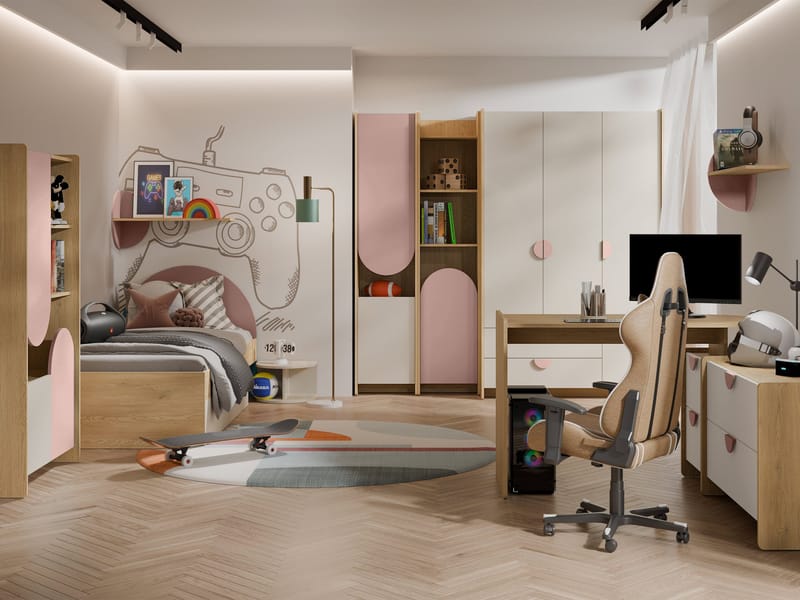 Zarek Sovrumsmöbelset - brun, beige och rosa - Barn & bebis - Barnmöbler - Barnmöbelset - Sovrumsset barn
