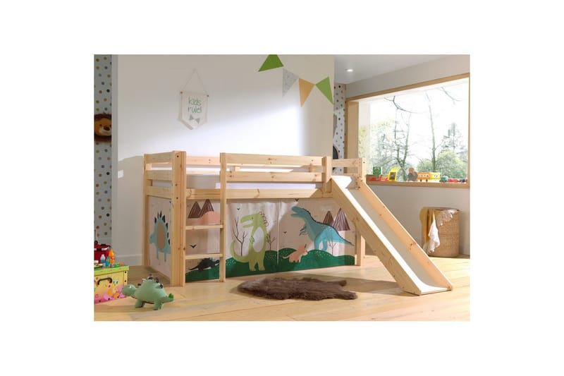 Halvhög Säng med gardin och rutschkana Pino Naturlig, Dino - Naturlig, Dino - Barn & bebis - Barnmöbler - Barnsäng & juniorsäng - Hussäng