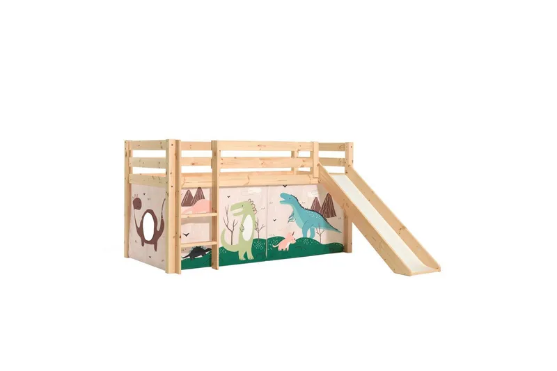 Halvhög Säng med gardin och rutschkana Pino Naturlig, Dino, Naturlig, Dino