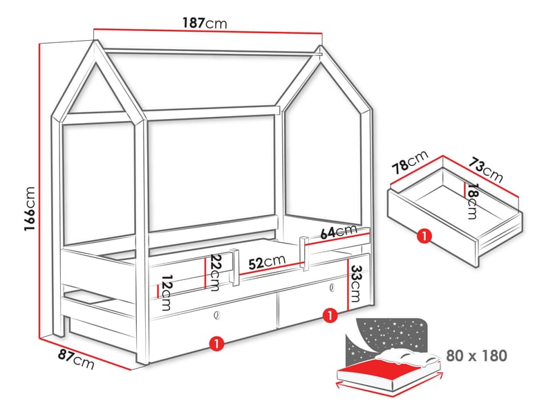 Kagetaka Sängram Hussäng 80x180 cm med förvaring - Brun - Barn & bebis - Barnmöbler - Barnsäng & juniorsäng - Hussäng