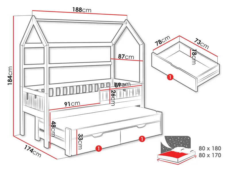 Majbelle Sängram Hussäng 80x180 cm med förvaring och extra liggplats - grön - Barn & bebis - Barnmöbler - Barnsäng & juniorsäng - Hussäng