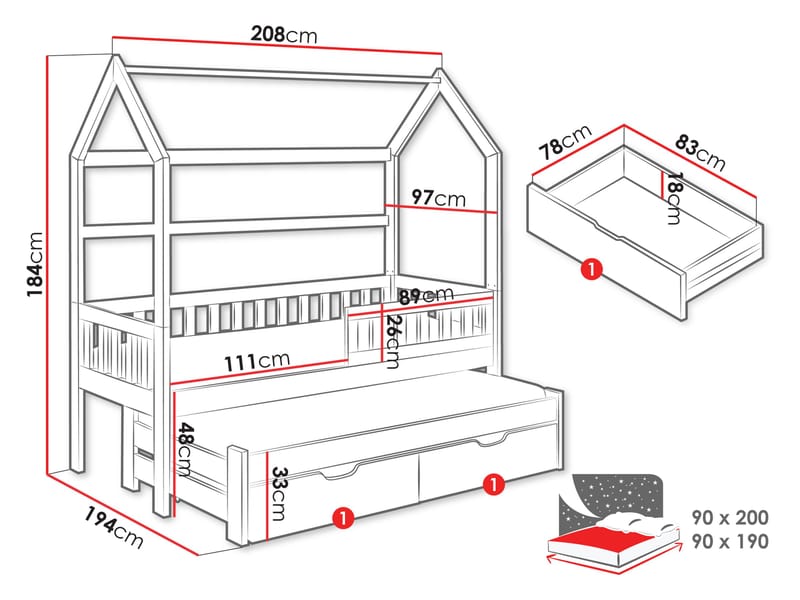 Majbelle Sängram Hussäng 90x200 cm med förvaring och extra liggplats - brun - Barn & bebis - Barnmöbler - Barnsäng & juniorsäng - Hussäng