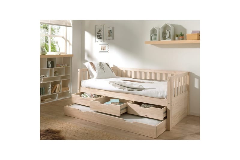 Säng Fritz med 3 Lådor och Undersäng Naturlig - Naturlig - Barn & bebis - Barnmöbler - Barnsäng & juniorsäng