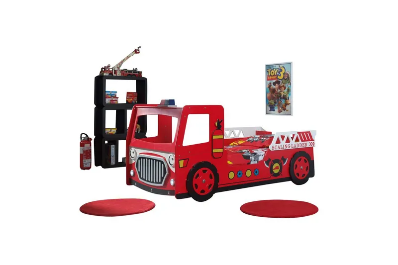 Säng Brandbil Röd 90x200 cm Med madrass, Med madrass