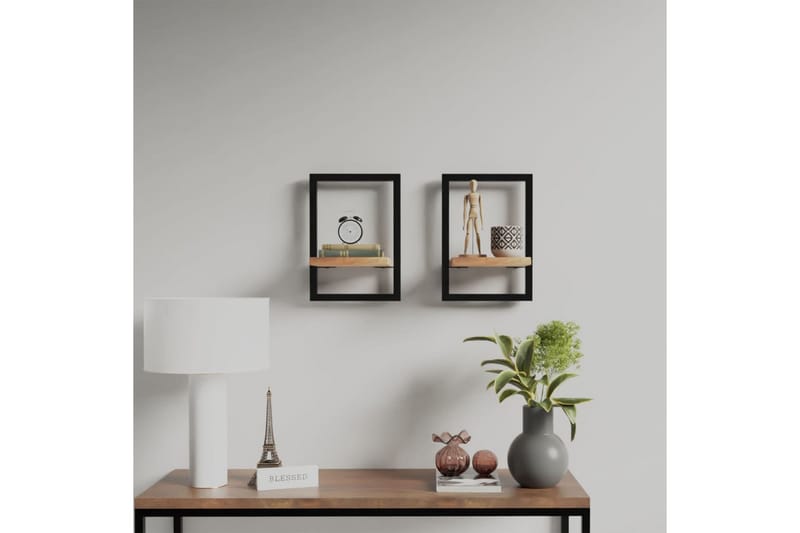 Vägghyllor 2 st 25x25x35 cm massivt akaciaträ och stål - Brun - Förvaring - Köksförvaring - Kökshylla