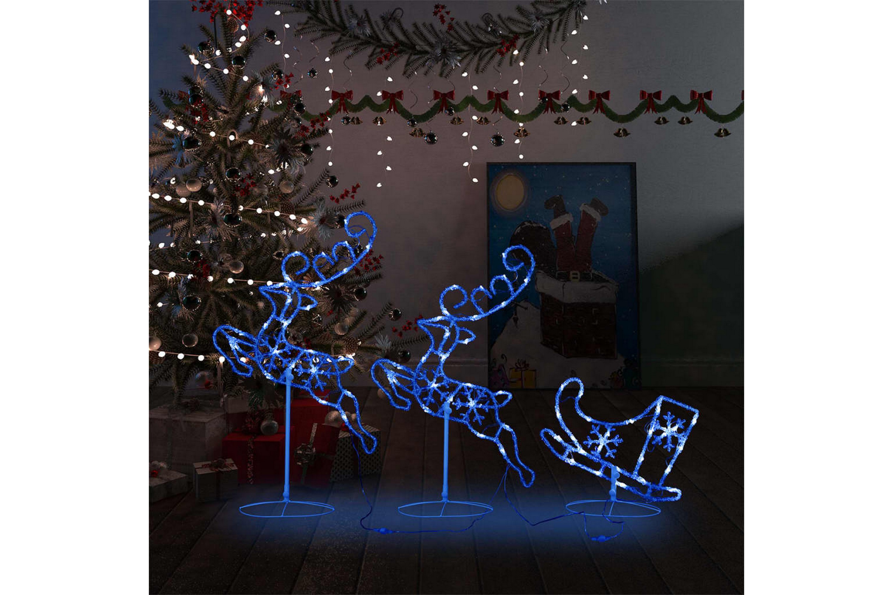 Flygande julrenar och släde akryl 260x21x87 cm blå – Vit