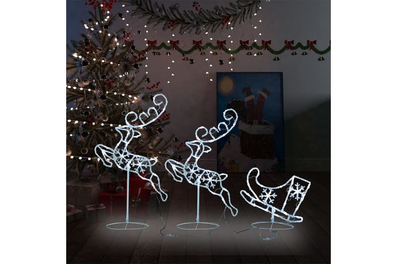 Flygande julrenar och släde akryl 260x21x87 cm kallvit - Vit - Julbelysning - Julbelysning utomhus