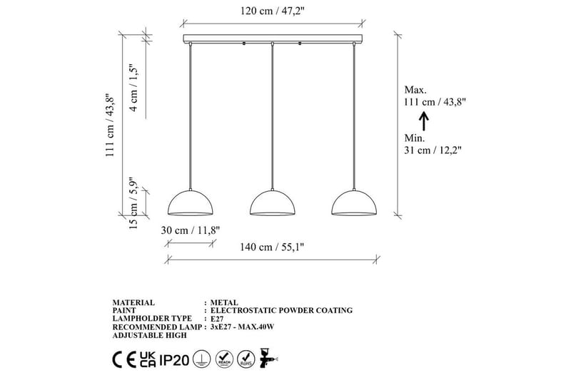 Ljuskrona Brena Rany Tre Uttag - 140 x 30 x 111 cm - Belysning - Inomhusbelysning & lampor - Taklampor & takbelysning - Kökslampa & pendellampa