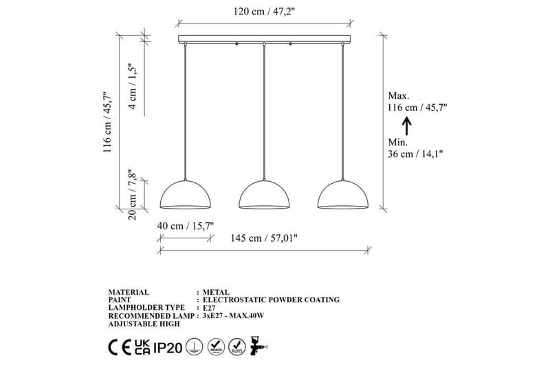Ljuskrona Brena Rany Tre Uttag - 145 x 40 x 116 cm - Belysning - Inomhusbelysning & lampor - Taklampor & takbelysning - Kökslampa & pendellampa