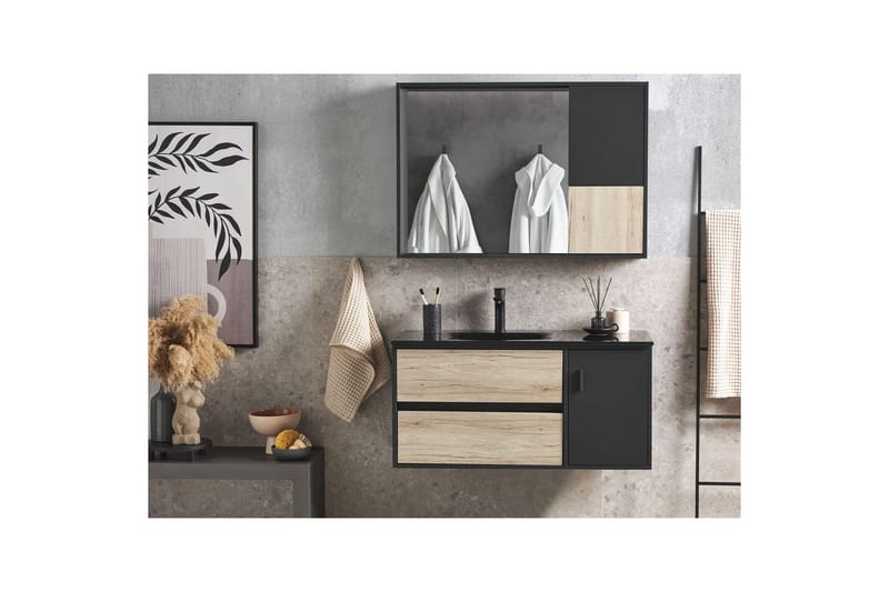 Badrumsskåp Teruel Ljus trä, svart, 100x48x70 cm - Ljus trä, svart, 100x48x70 cm - Förvaring - Badrumsförvaring & tvättstuga inredning - Badrumsskåp