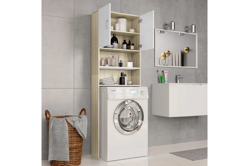 Tvättmaskinsskåp vit och sonoma-ek 64x25,5x190 cm - Beige - Förvaring - Badrumsförvaring & tvättstuga inredning - Badrumsskåp