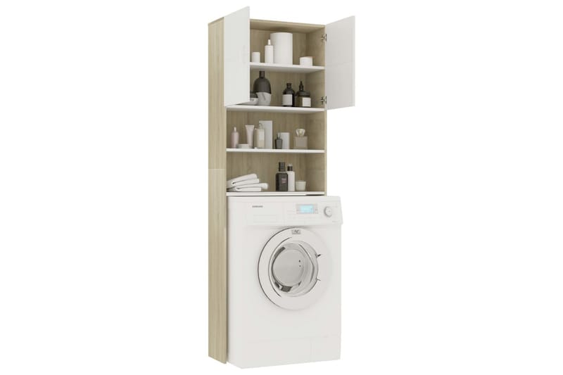 Tvättmaskinsskåp vit och sonoma-ek 64x25,5x190 cm - Beige - Förvaring - Badrumsförvaring & tvättstuga inredning - Badrumsskåp