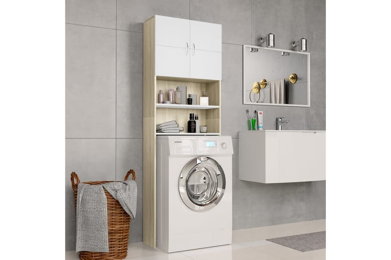 Tvättmaskinsskåp vit och sonoma-ek 64x25,5x190 cm - Beige - Förvaring - Badrumsförvaring & tvättstuga inredning - Badrumsskåp