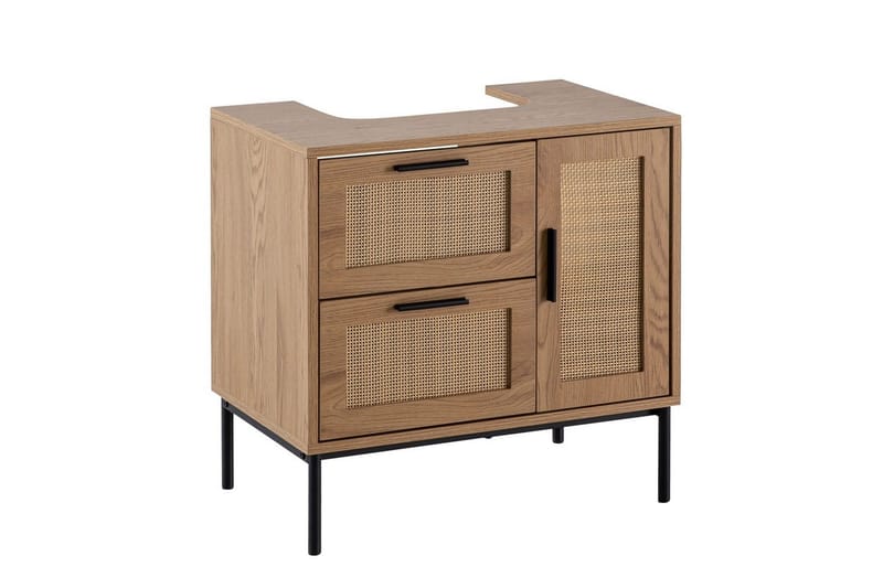 Tvättställsskåp Wohnling melaminbelagd MDF, ek-optik, rottingfront, metallben, modern loftstil 1 dörr, 3 lådor - 1 dörr, 3 lådor - Förvaring - Badrumsförvaring & tvättstuga inredning - Badrumsskåp