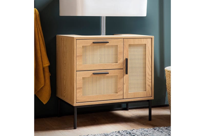 Tvättställsskåp Wohnling melaminbelagd MDF, ek-optik, rottingfront, metallben, modern loftstil 1 dörr, 3 lådor - 1 dörr, 3 lådor - Förvaring - Badrumsförvaring & tvättstuga inredning - Badrumsskåp