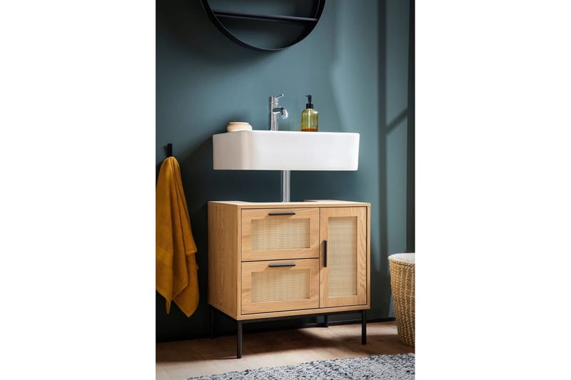 Tvättställsskåp Wohnling melaminbelagd MDF, ek-optik, rottingfront, metallben, modern loftstil 1 dörr, 3 lådor - 1 dörr, 3 lådor - Förvaring - Badrumsförvaring & tvättstuga inredning - Badrumsskåp