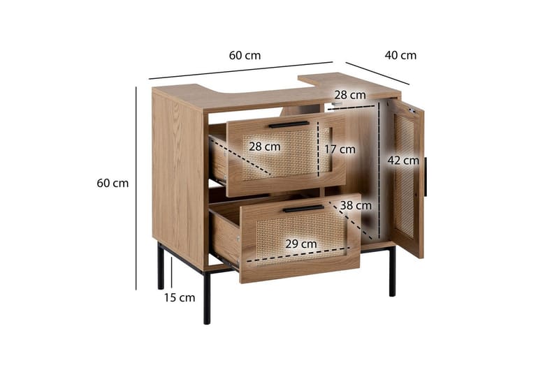 Tvättställsskåp Wohnling melaminbelagd MDF, ek-optik, rottingfront, metallben, modern loftstil 1 dörr, 3 lådor - 1 dörr, 3 lådor - Förvaring - Badrumsförvaring & tvättstuga inredning - Badrumsskåp