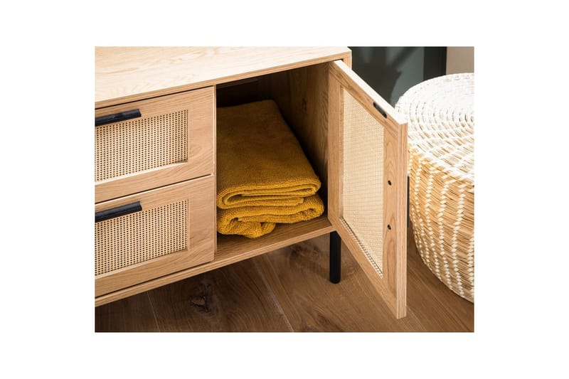 Tvättställsskåp Wohnling melaminbelagd MDF, ek-optik, rottingfront, metallben, modern loftstil 1 dörr, 3 lådor - 1 dörr, 3 lådor - Förvaring - Badrumsförvaring & tvättstuga inredning - Badrumsskåp