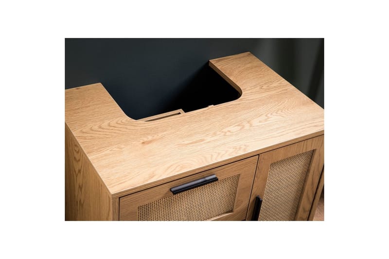 Tvättställsskåp Wohnling melaminbelagd MDF, ek-optik, rottingfront, metallben, modern loftstil 1 dörr, 3 lådor - 1 dörr, 3 lådor - Förvaring - Badrumsförvaring & tvättstuga inredning - Badrumsskåp