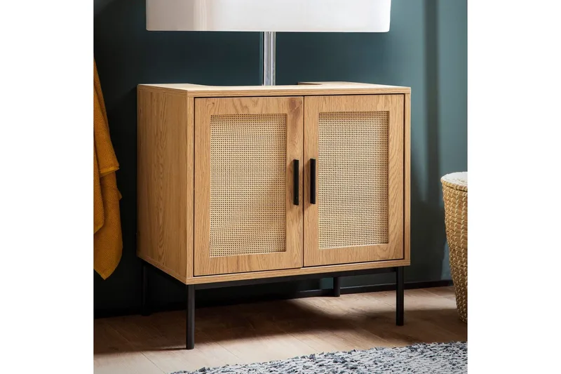 Tvättställsskåp Wohnling melaminbelagd MDF, ek-optik, rottingfront, metallben, modern loftstil 2 dörrar - 2 dörrar - Förvaring - Badrumsförvaring & tvättstuga inredning - Badrumsskåp