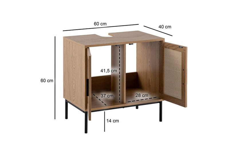 Tvättställsskåp Wohnling melaminbelagd MDF, ek-optik, rottingfront, metallben, modern loftstil 2 dörrar - 2 dörrar - Förvaring - Badrumsförvaring & tvättstuga inredning - Badrumsskåp
