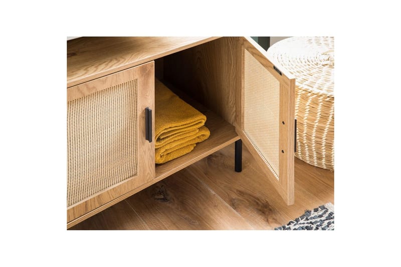 Tvättställsskåp Wohnling melaminbelagd MDF, ek-optik, rottingfront, metallben, modern loftstil 2 dörrar - 2 dörrar - Förvaring - Badrumsförvaring & tvättstuga inredning - Badrumsskåp