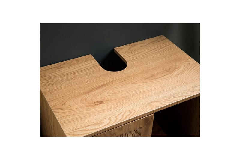 Tvättställsskåp Wohnling melaminbelagd MDF, ek-optik, rottingfront, metallben, modern loftstil 2 dörrar - 2 dörrar - Förvaring - Badrumsförvaring & tvättstuga inredning - Badrumsskåp