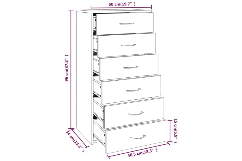 beBasic Byrå 6 lådor rökfärgad ek 50x34x96 cm konstruerat trä - Förvaring - Förvaringsmöbler - Byrå