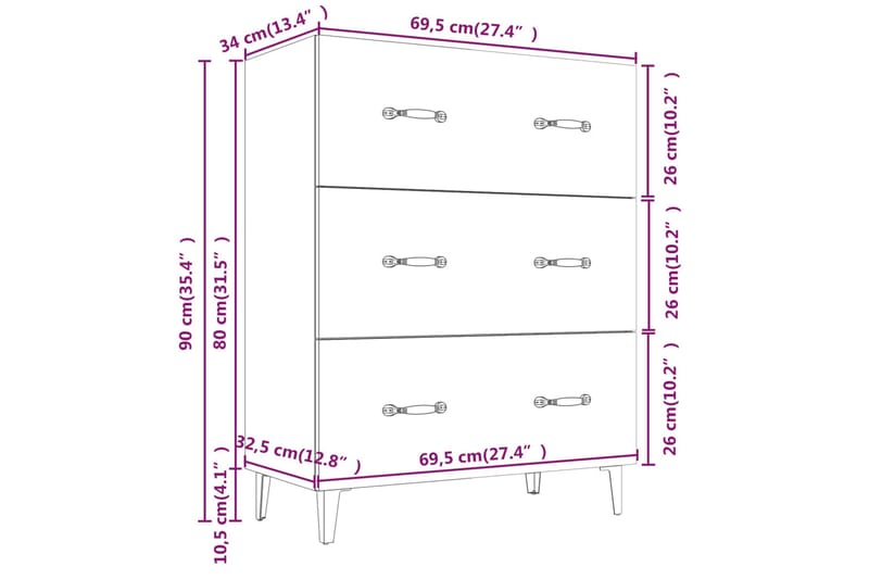 beBasic Byrå grå sonoma 69,5x34x90 cm konstruerat trä - Förvaring - Förvaringsmöbler - Byrå