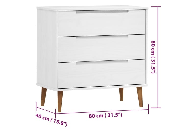 beBasic Byrå vit 80x40x80 cm massivt furuträ - Byrå