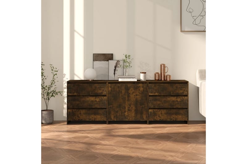 beBasic Sidobord 3 delar rökfärgad ek konstruerat trä - Förvaring - Förvaringsmöbler - Skänkar & sideboards