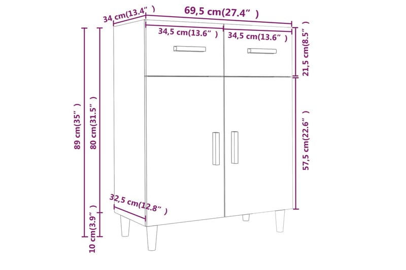 beBasic Skänk brun ek 69,5x34x89 cm konstruerat trä - Skänkar & sideboards