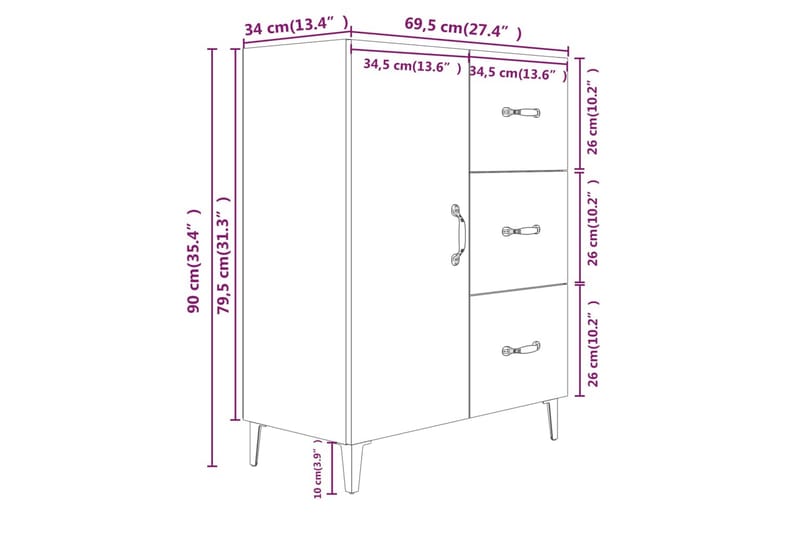 beBasic Skänk rökfärgad ek 69,5x34x90 cm konstruerat trä - Skänkar & sideboards