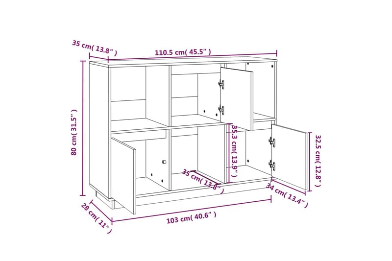 beBasic Skänk vit 110,5x35x80 cm massiv furu - Skänkar & sideboards