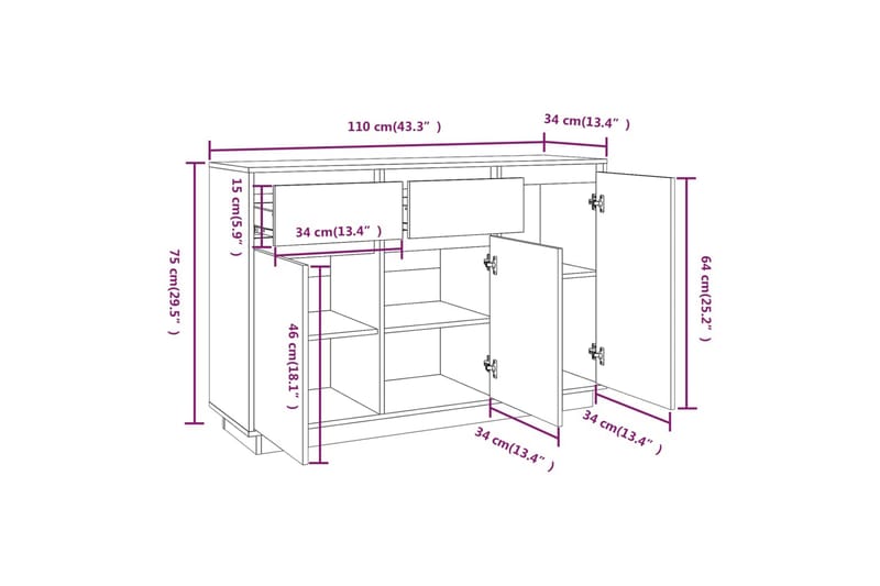 beBasic Skänk vit 110x34x75 cm massiv furu - Skänkar & sideboards