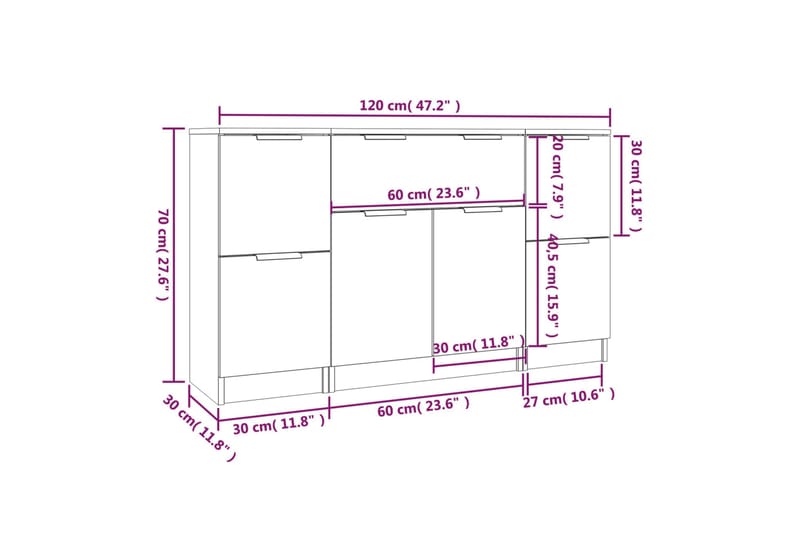 beBasic Skänkar 3 st grå sonoma konstruerat trä - Förvaring - Förvaringsmöbler - Skänkar & sideboards