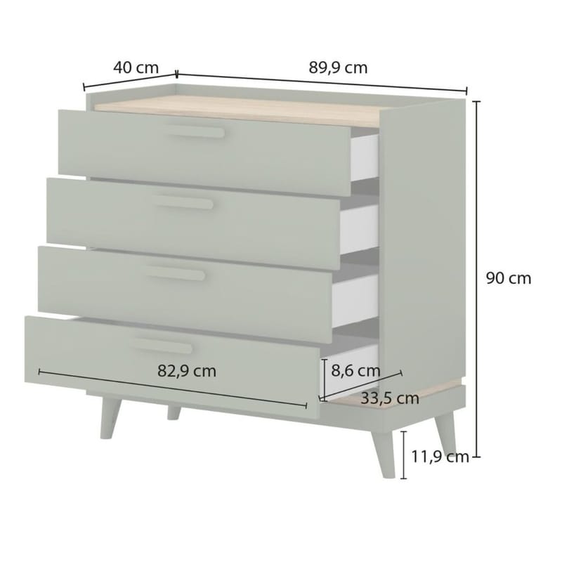 Byrå Scandi med 4 lådor - Dämpad grön - Oljad ek - Förvaring - Förvaringsmöbler - Byrå
