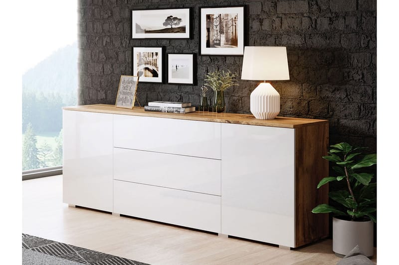 Sagira Byrå 111x68 cm Trä/Vit högglans - Natur/Vit - Förvaring - Förvaringsmöbler - Byrå