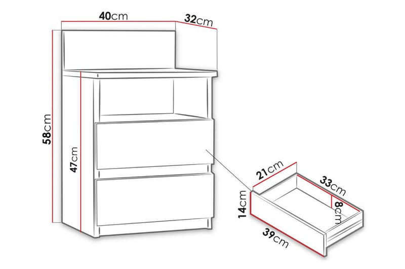 VICENZA Sängbord 40 cm med Förvaring 2 Lådor + Hylla Beige/G - Beige/Grå - Sängbord - Bord